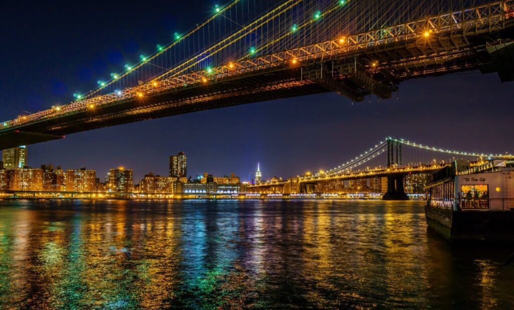Brooklyn Bridge cables framing Manhattan skyline Brooklyn Bridge cables framing Manhattan skyline
